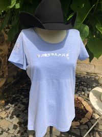 Damen T-Shirt, Stretch, hellblau, Logo in buntholo