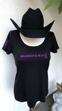 Damen, T-Shirt, schwarz, Stretch, Logo in lilaglitzer
